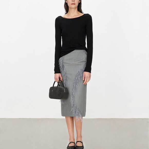 CHICJOC Ostrich Feather Beaded Wool Skirt size 40 in grey - Picture 2 of 14